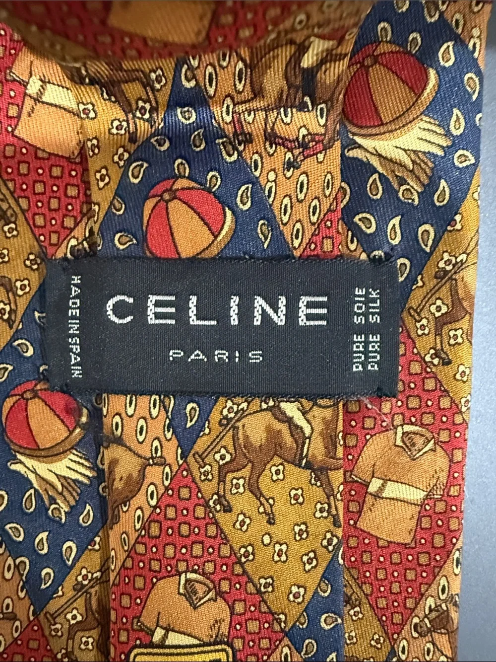 Authentic Celine Multicolor Diamond-Print Silk Tie with Horse & Toy Motif